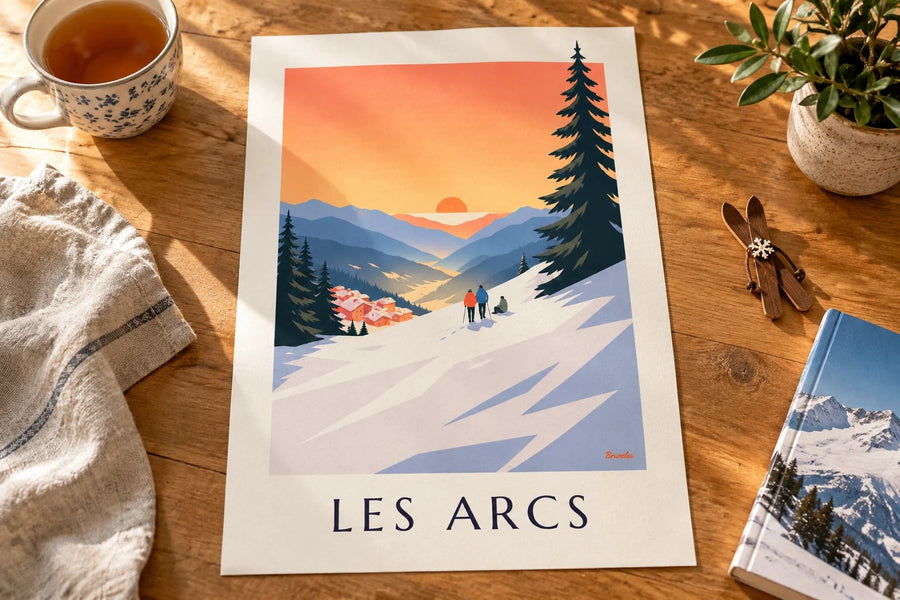Affiche Les Arcs, coucher de soleil sur Arc 1800 : posée sur une table