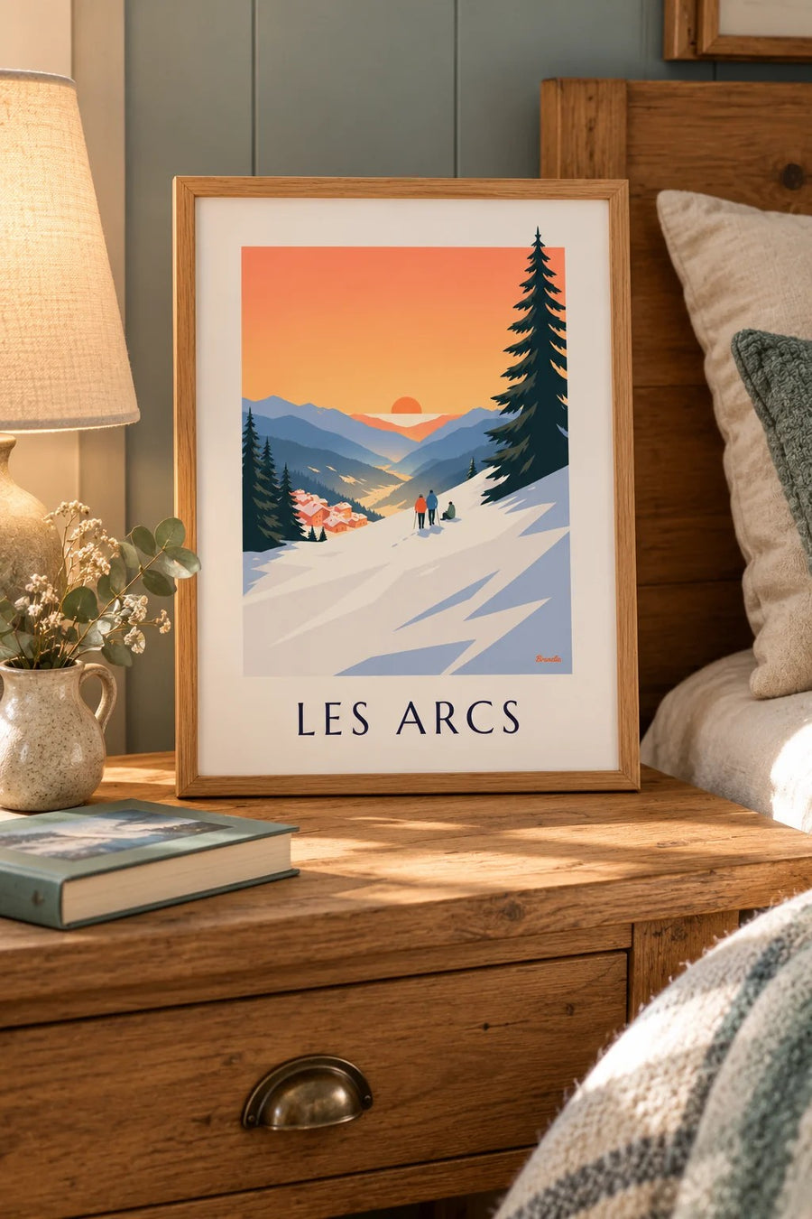 Affiche Les Arcs, coucher de soleil sur Arc 1800 : petit format A4 encadré