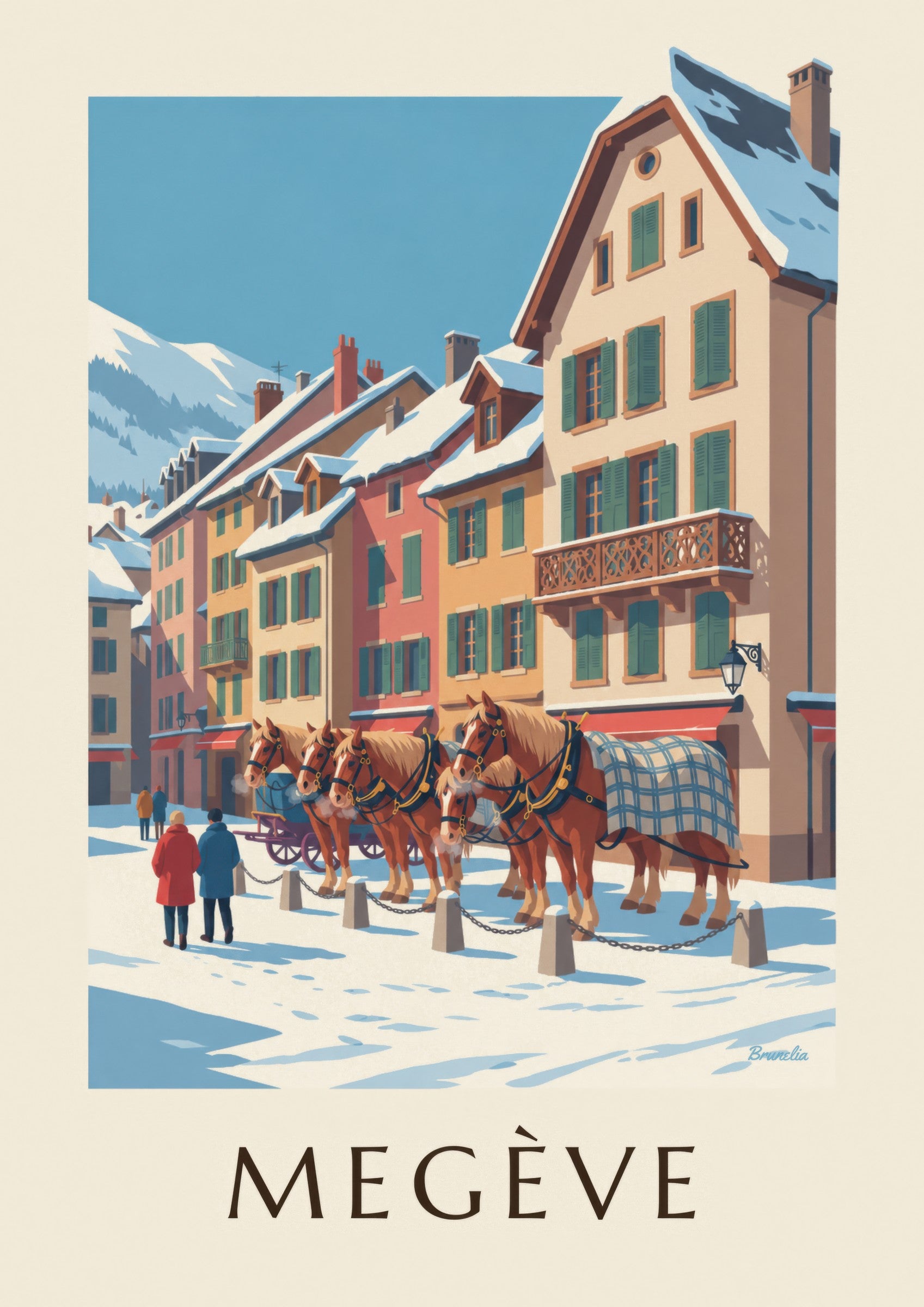 Affiche Megève, chevaux de calèche en hiver: nærbillede af detalje