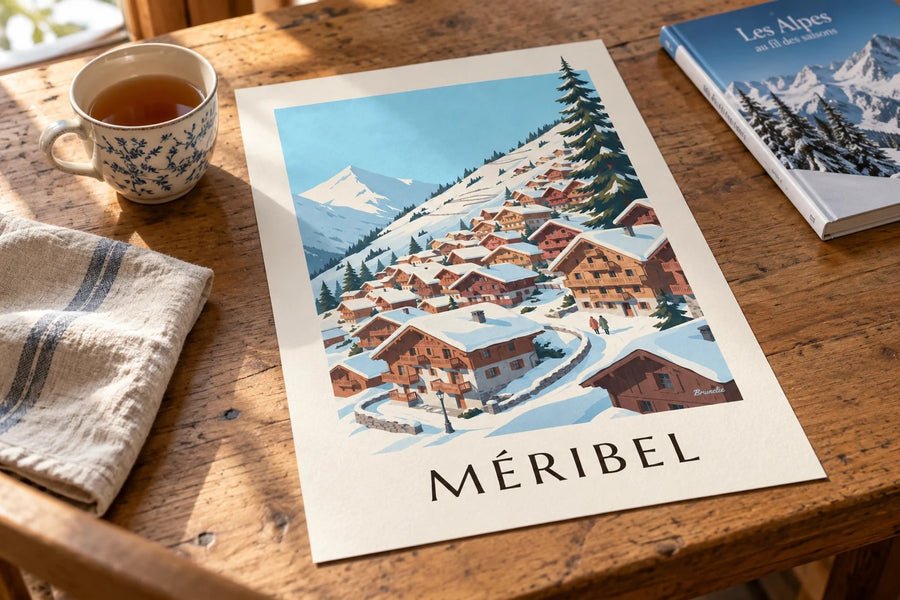 Affiche Méribel, chalets sous la neige : posée sur une table