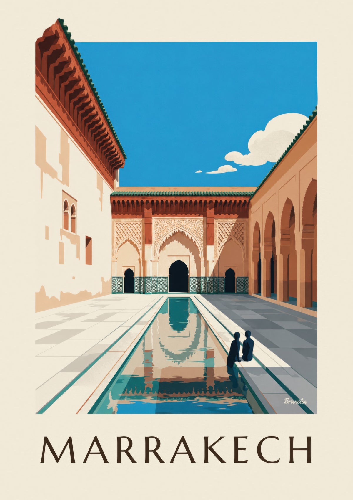 Plakat af gårdrummet i Ben Youssef-medersaen i Marrakech