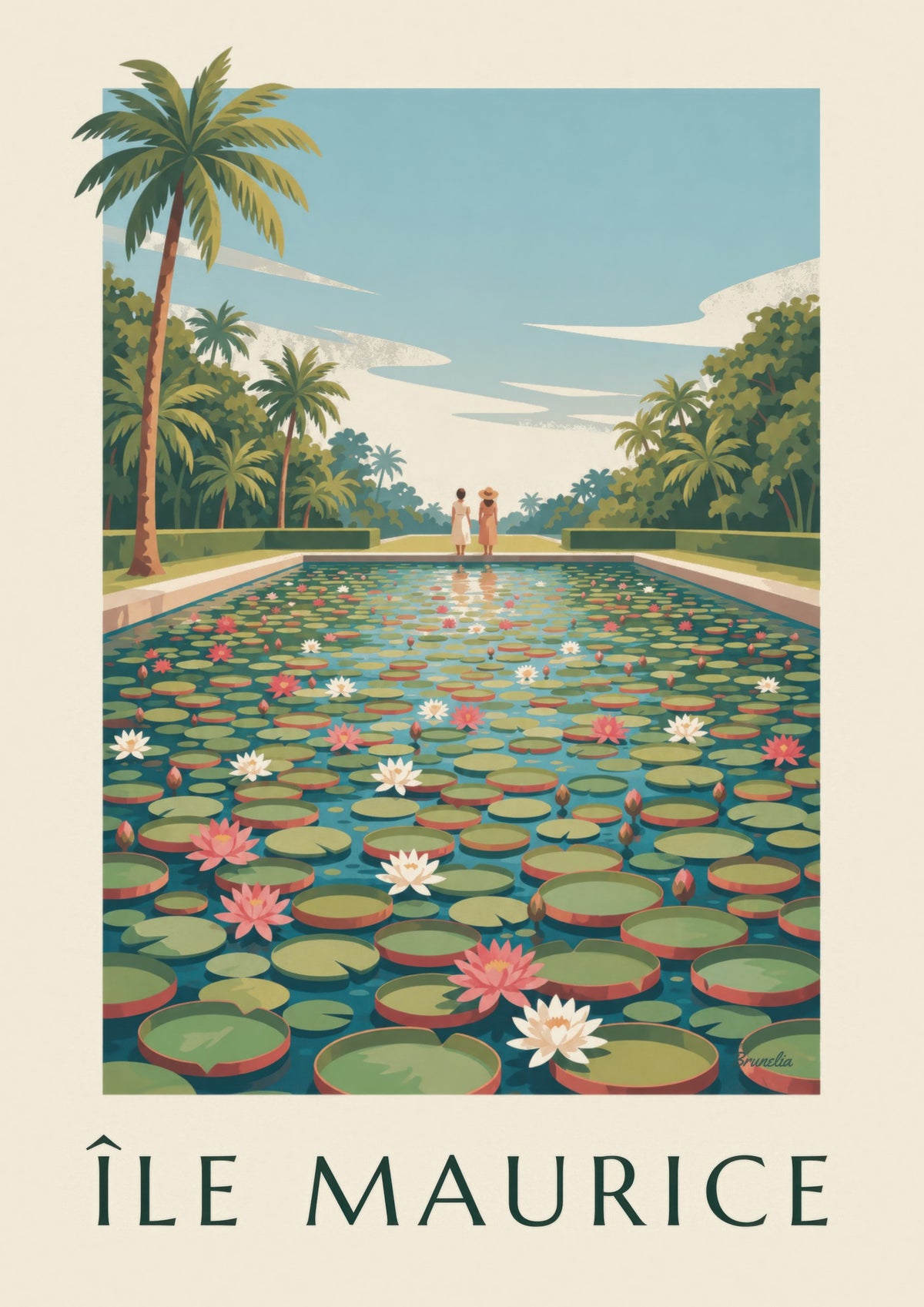 Plakat Mauritius, kæmpestore vandliljer (titlen ÎLE MAURICE)