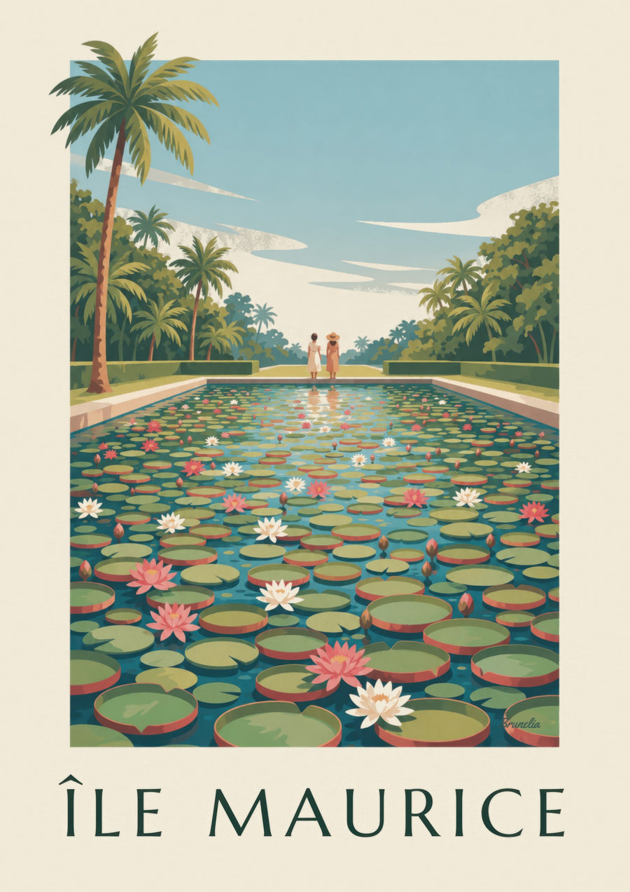 Plakat Mauritius, kæmpestore vandliljer (titlen ÎLE MAURICE)