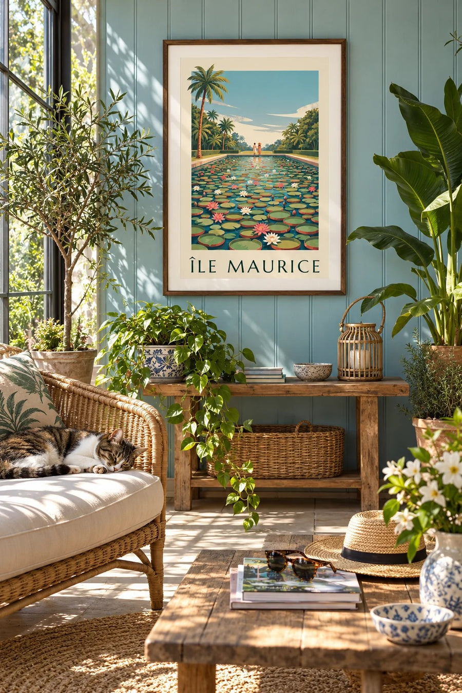 Plakat Mauritius, kæmpestore vandliljer (titlen ÎLE MAURICE) : indrammet på væggen