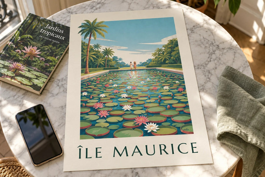 Plakat Mauritius, kæmpestore vandliljer (titlen ÎLE MAURICE) : stillet på et bord