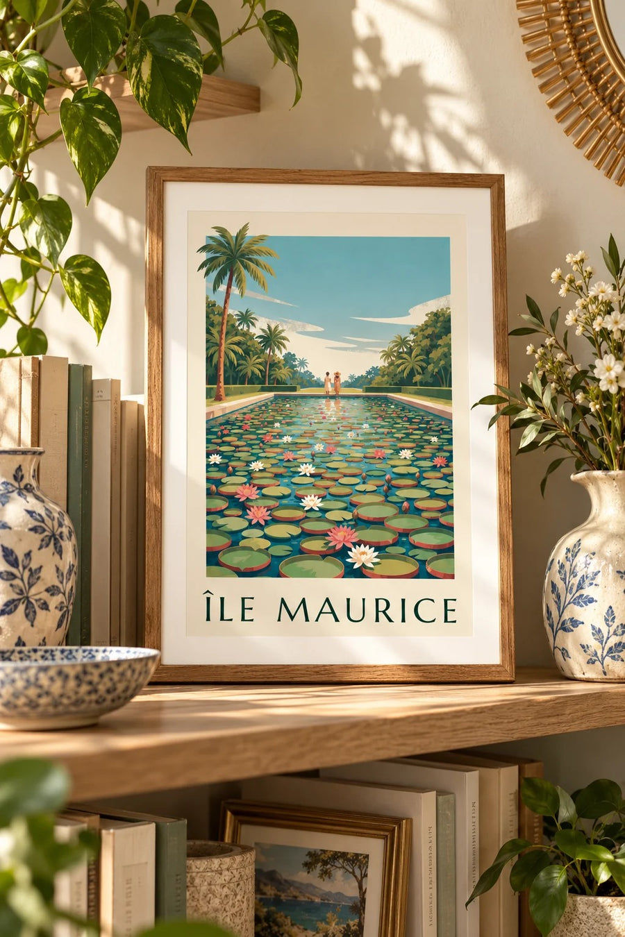 Plakat Mauritius, kæmpestore vandliljer (titlen ÎLE MAURICE) : lille A4-format i ramme