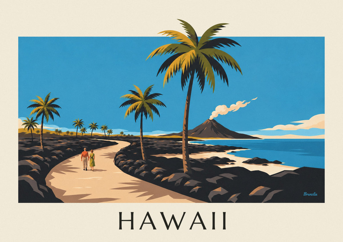 Plakat med vej på Hawaii mellem palmer og vulkan