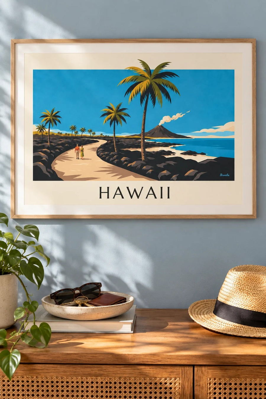 Plakat med vej på Hawaii mellem palmer og vulkan: indrammet på væggen