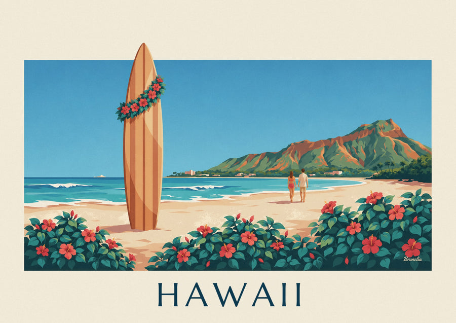 Plakat med surfbræt og hibiscus foran Diamond Head, Hawaii