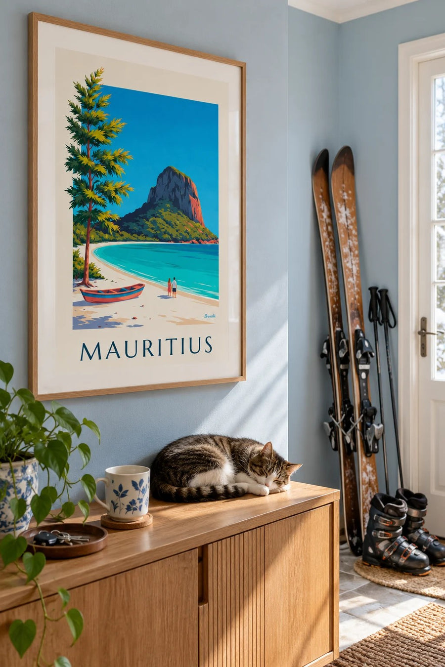 Plakat med Le Morne Brabant og lagunen på Mauritius: indrammet på væggen