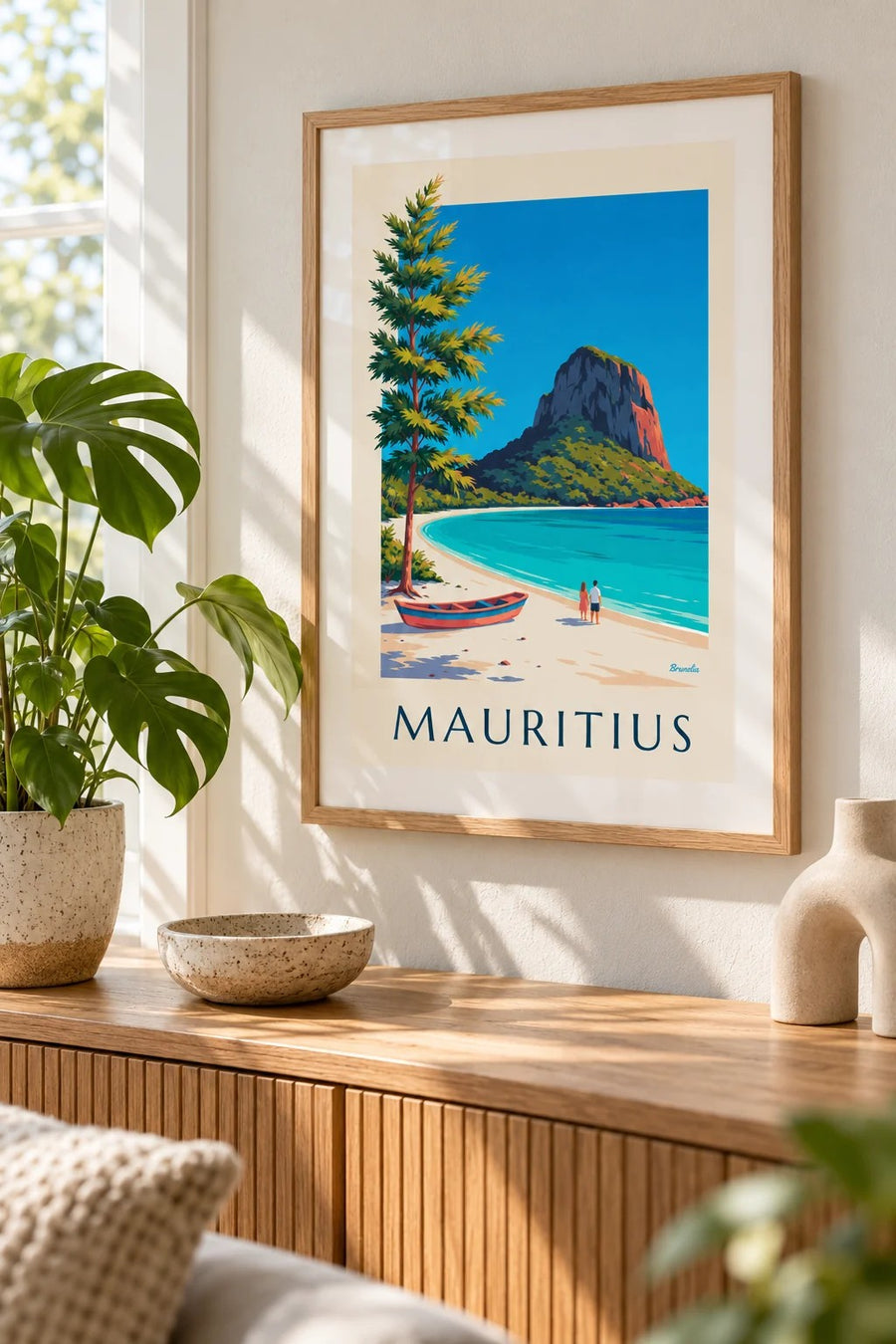 Plakat med Le Morne Brabant og lagunen på Mauritius: lille A4-format i ramme