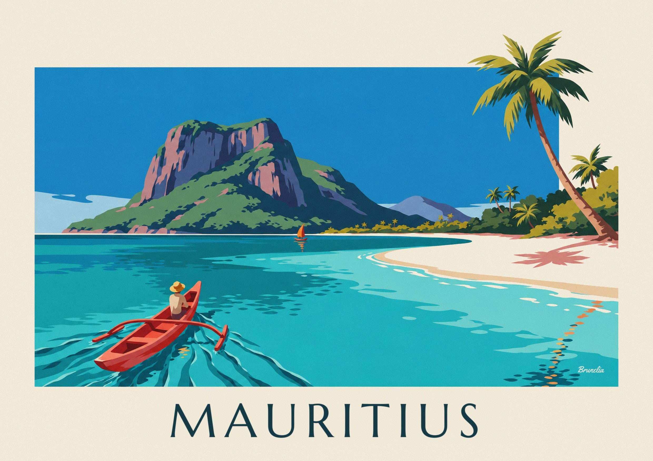 Plakat med lagune, kokospalmer og Le Morne Brabant på Mauritius: nærbillede af detalje