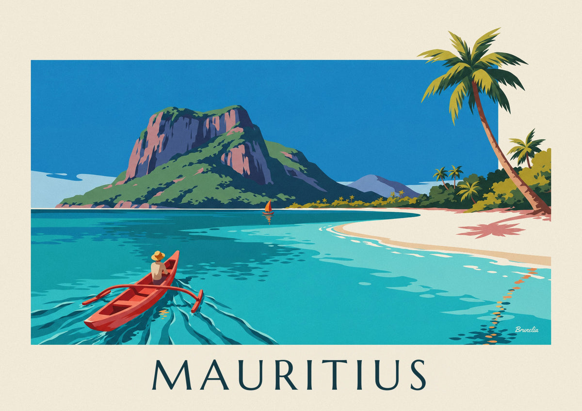 Plakat med lagune, kokospalmer og Le Morne Brabant på Mauritius
