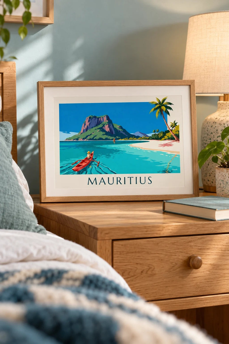 Plakat med lagune, kokospalmer og Le Morne Brabant på Mauritius: lille A4 i ramme