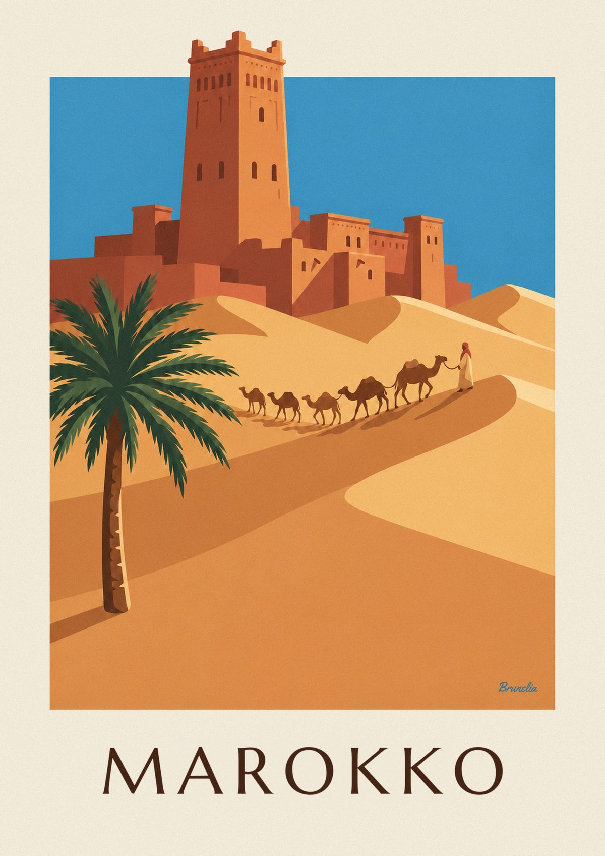 Plakat med kasbah og kamelkaravane i den marokkanske ørken