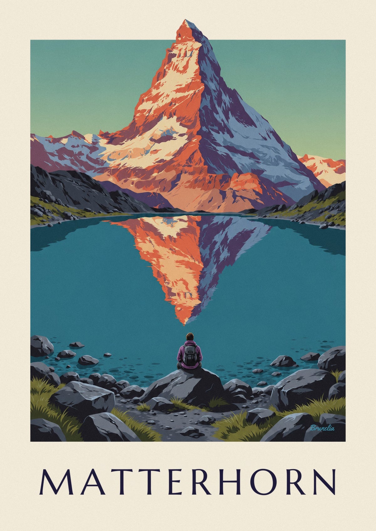 Plakat med Matterhorn ved solnedgang spejlet i en alpesø