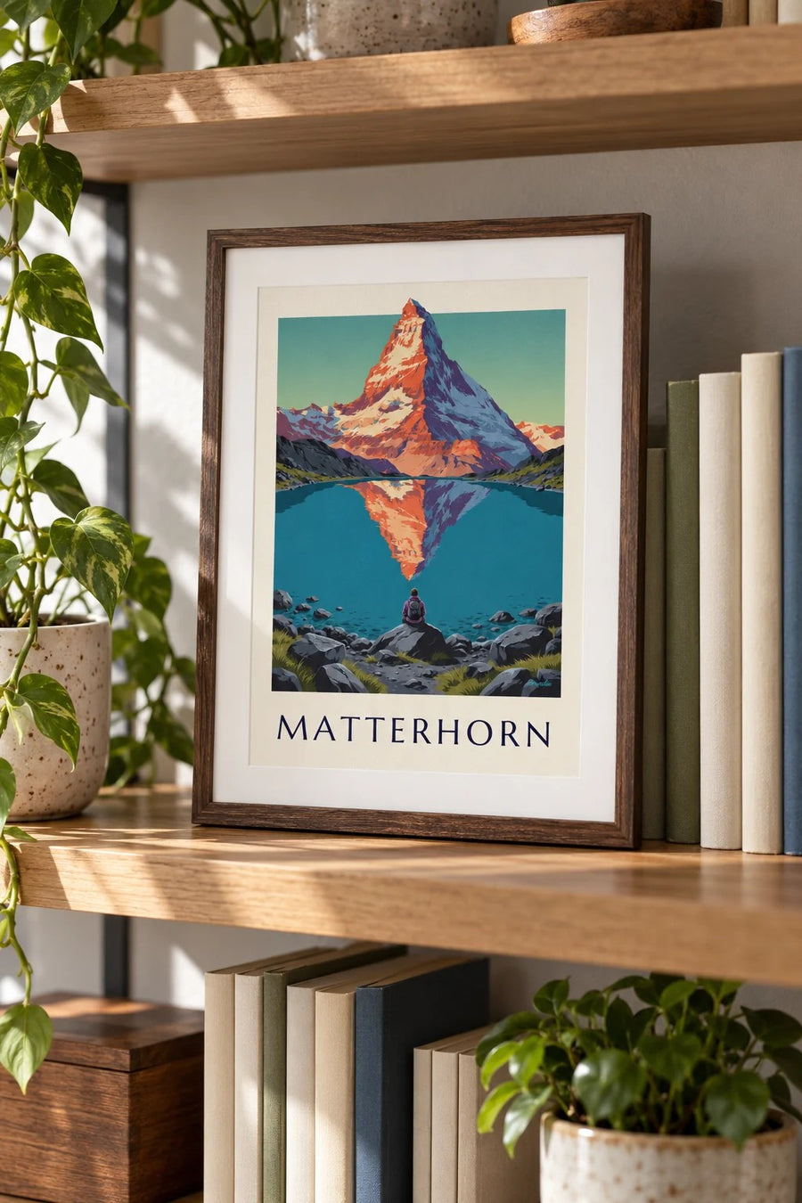 Plakat med Matterhorn ved solnedgang spejlet i en alpesø: lille A4-plakat i ramme