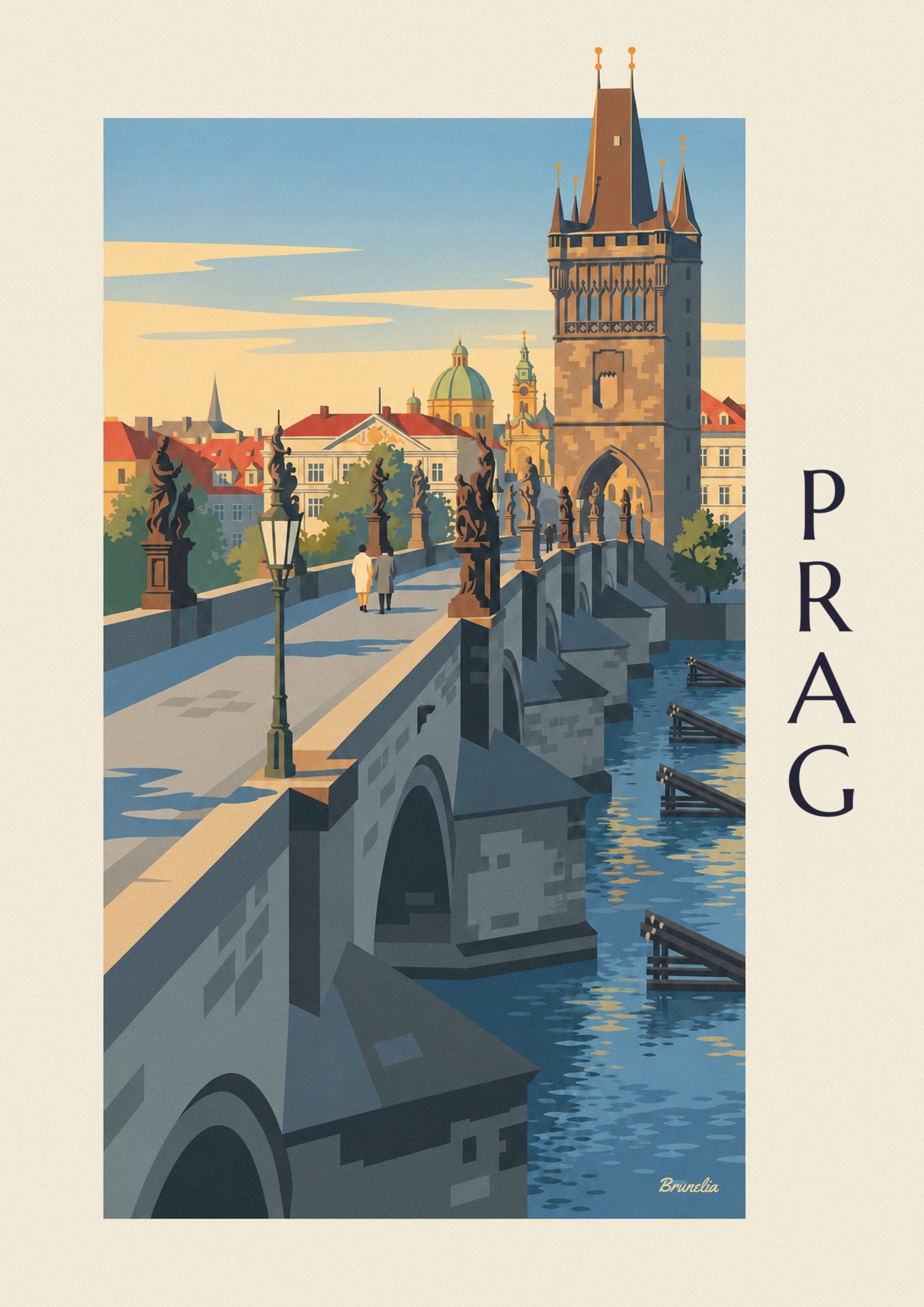 Plakat Prag, Karlsbroen og gotisk tårn ved Vltava: nærbillede af detalje