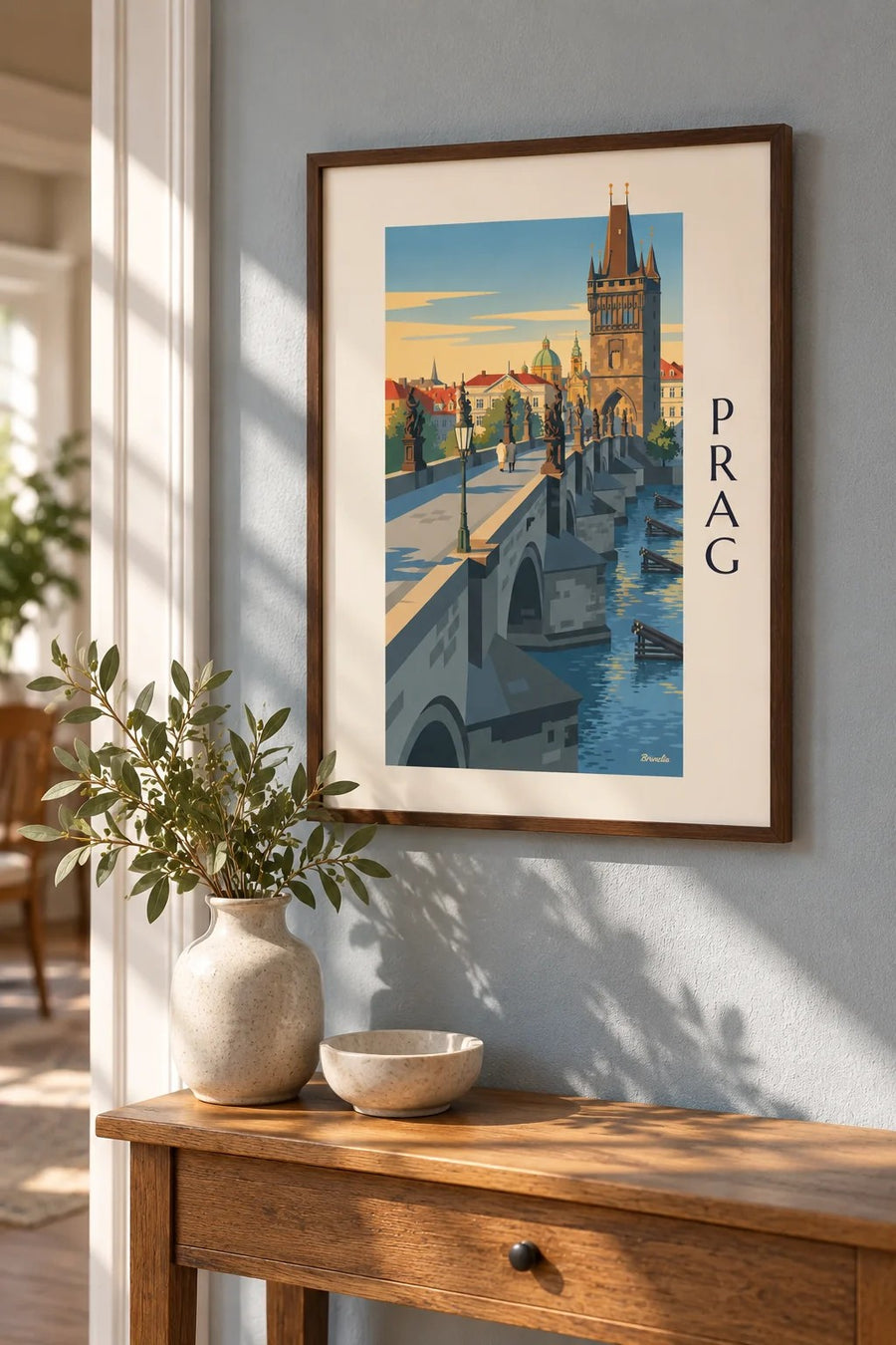 Plakat Prag, Karlsbroen og gotisk tårn ved Vltava: lille A4 i ramme