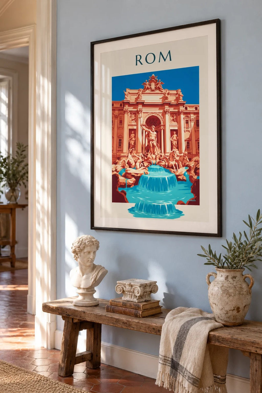 Plakat med Trevi-fontænen og Neptun-statuen i Rom: indrammet på væggen
