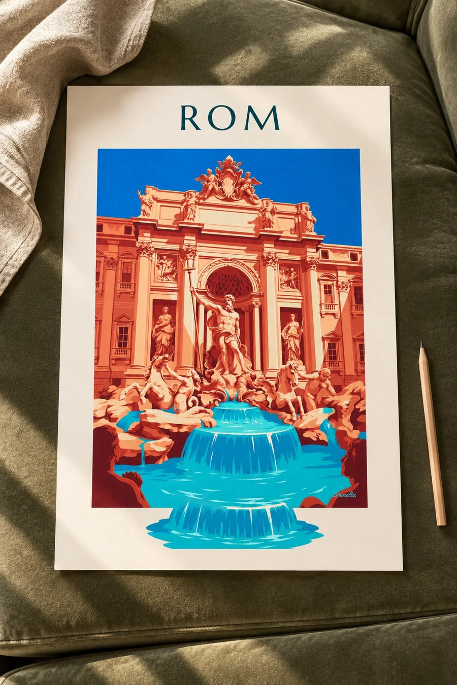 Plakat med Trevi-fontænen og Neptun-statuen i Rom: placeret på et bord