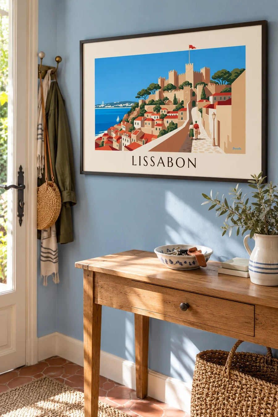 Plakat med Sankt Georgs Slot og Alfamas tage i Lissabon: indrammet på væggen