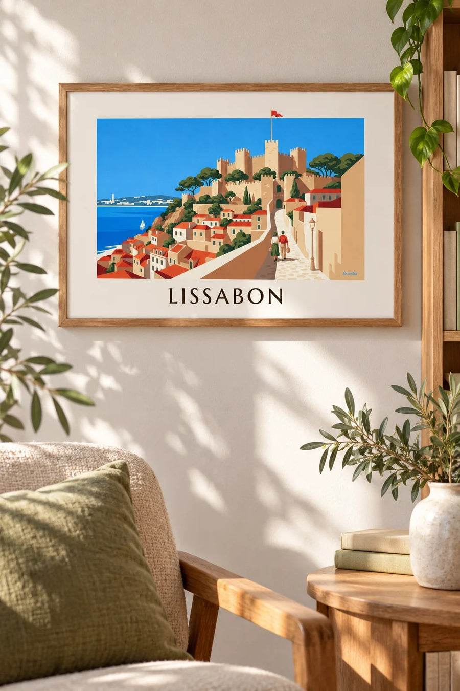 Plakat med Sankt Georgs Slot og Alfamas tage i Lissabon: lille A4-format i ramme