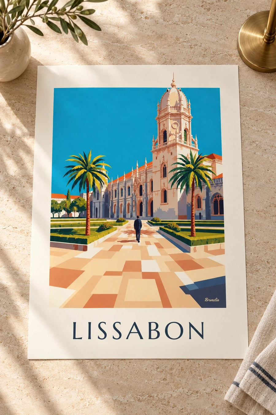 Plakat af Jerónimos-klosteret i Belém, Lissabon: plakaten står på et bord