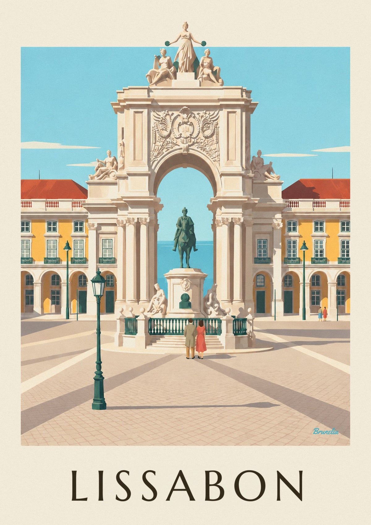 Plakat med Praça do Comércio og Rua Augusta-buen i Lissabon