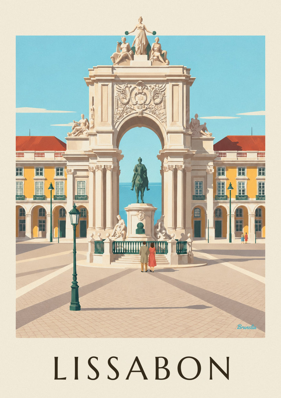 Plakat med Praça do Comércio og Rua Augusta-buen i Lissabon