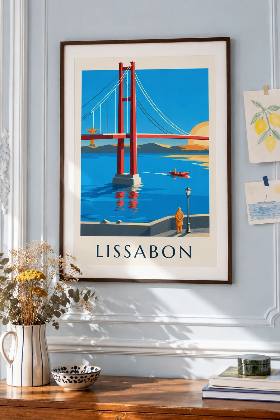 Plakat med 25 de Abril-broen over Tejo i Lissabon: indrammet på væggen