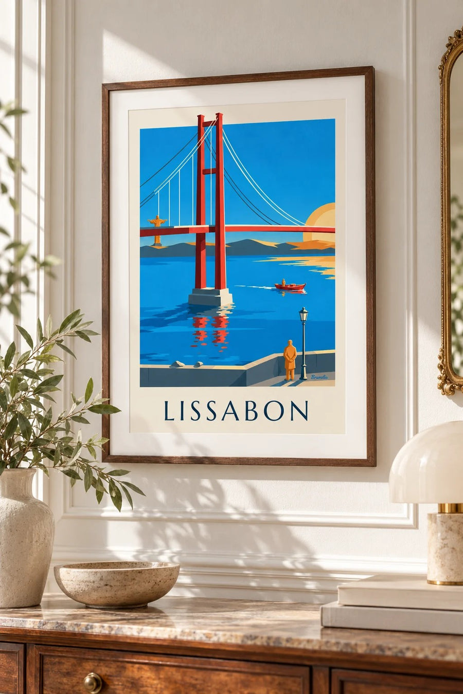 Plakat med 25 de Abril-broen over Tejo i Lissabon: lille A4-format i ramme