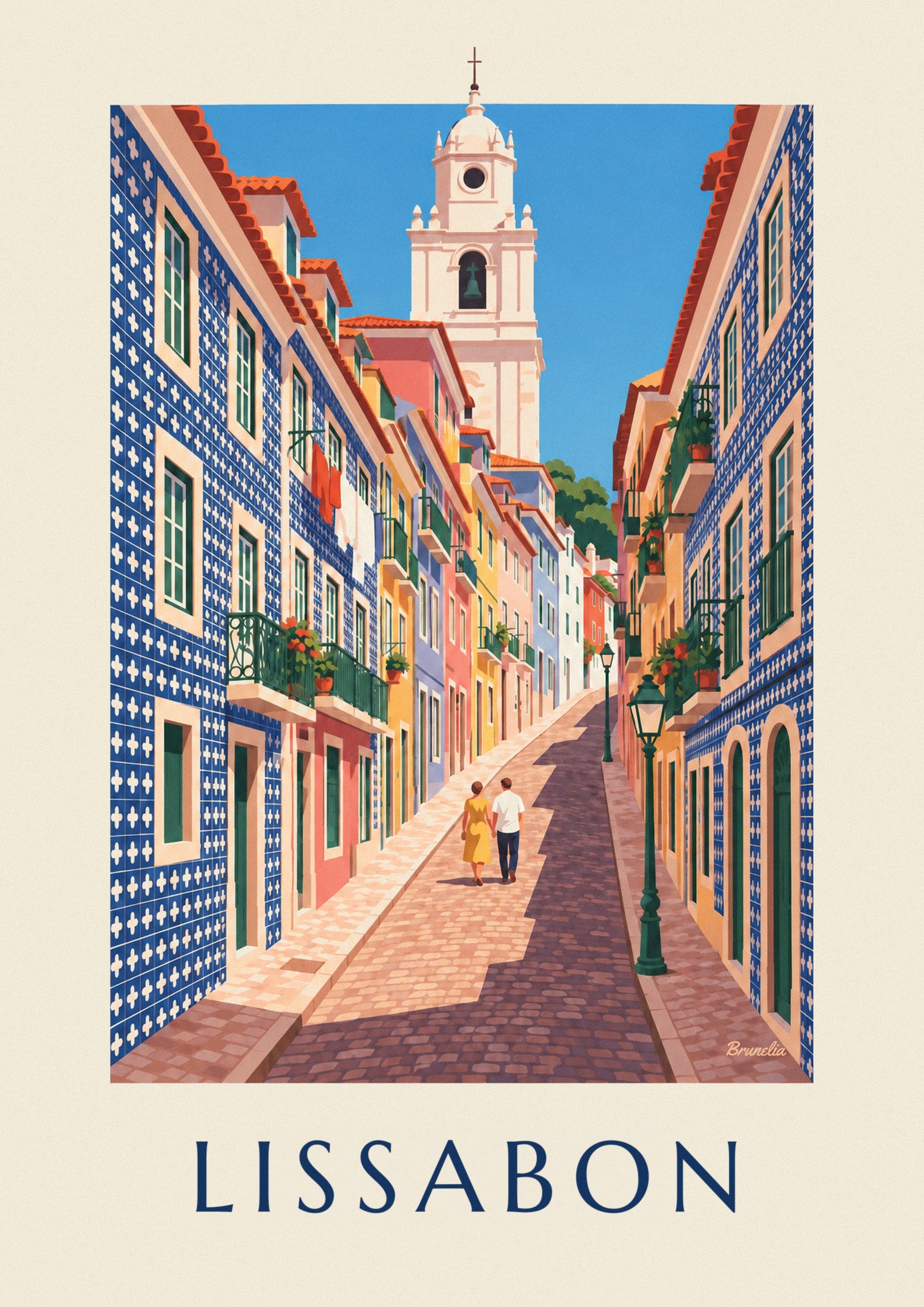 Plakat med gyde i Lissabon og facader med azulejos: nærbillede af detalje