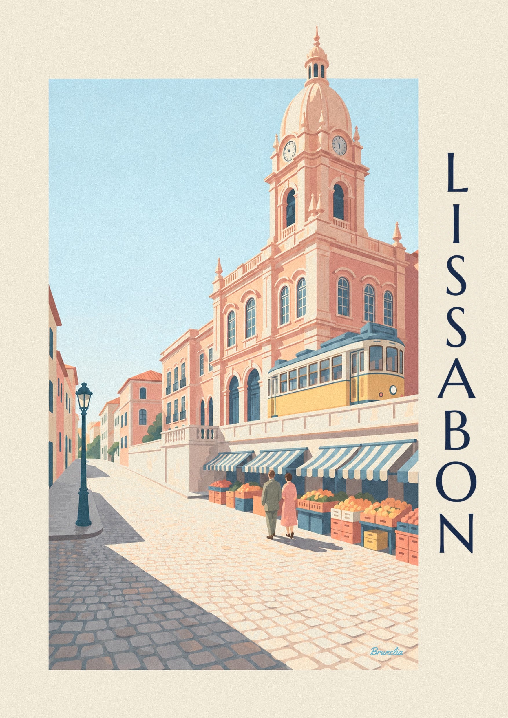 Plakat med Mercado da Ribeira i Lissabon og gul sporvogn: nærbillede af detalje