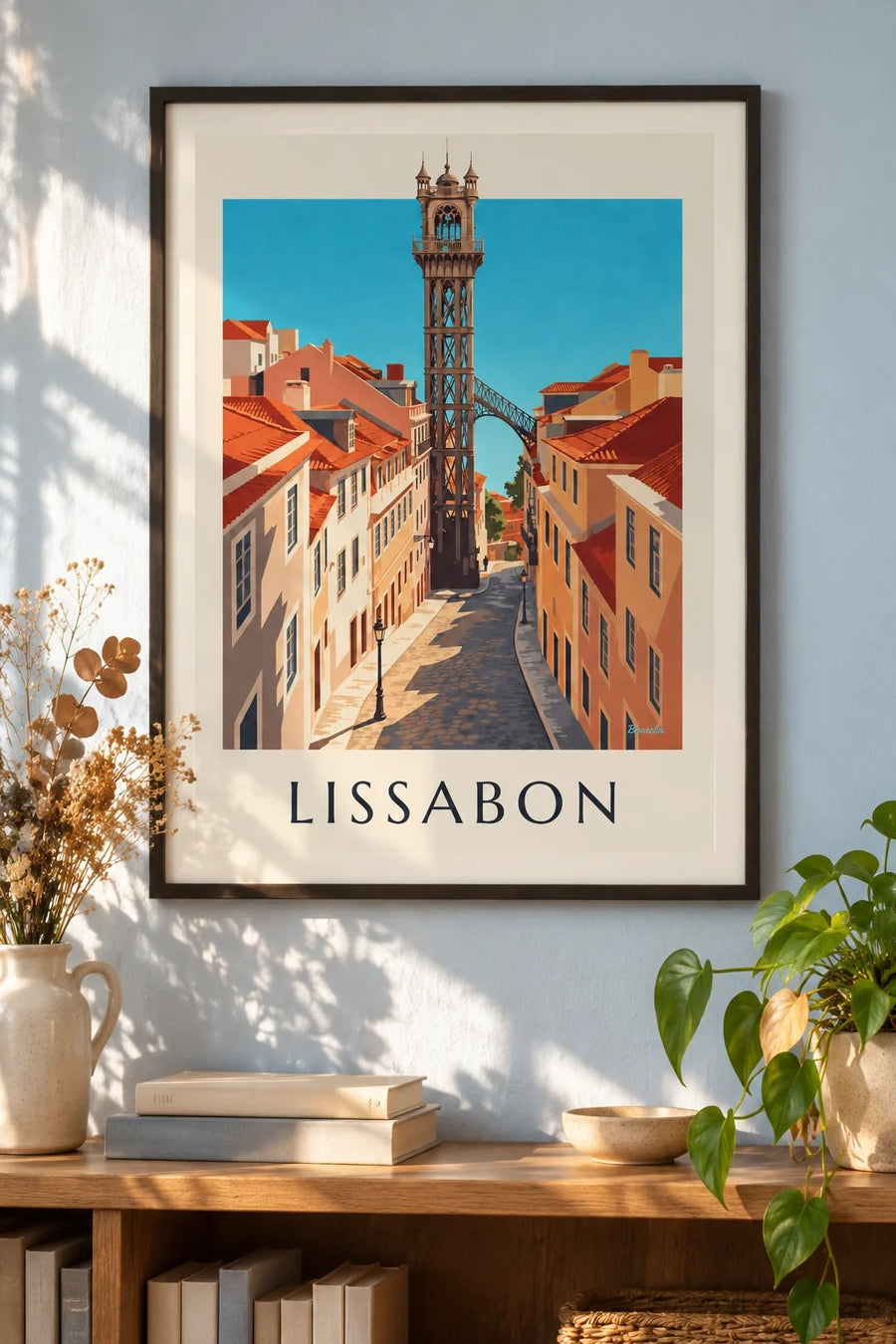 Plakat med Santa Justa-elevatoren i Lissabon: indrammet på væggen