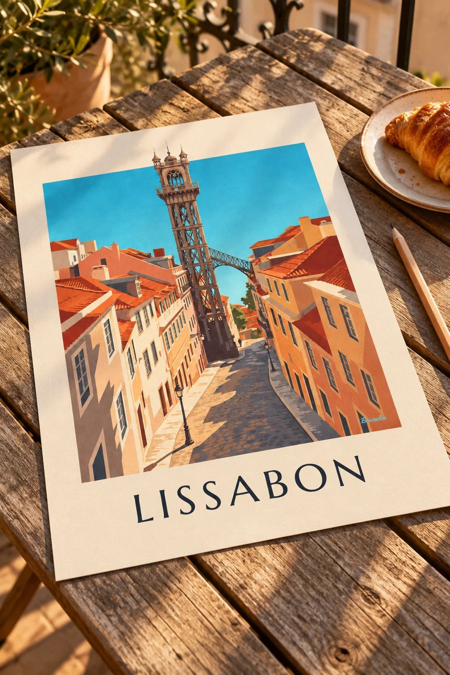 Plakat med Santa Justa-elevatoren i Lissabon: på et bord