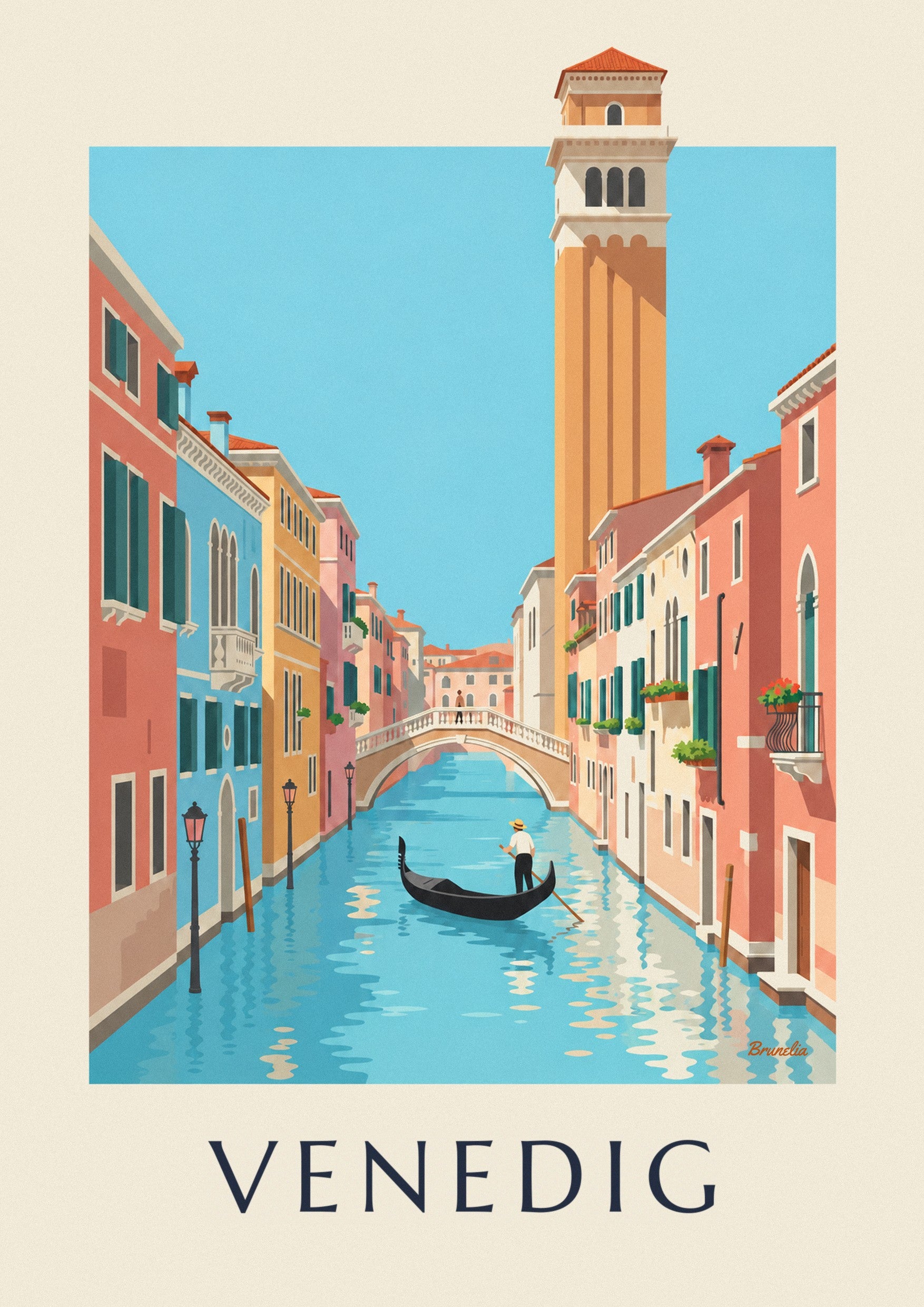 Plakat med gondolier på en kanal i Venedig: nærbillede af detalje