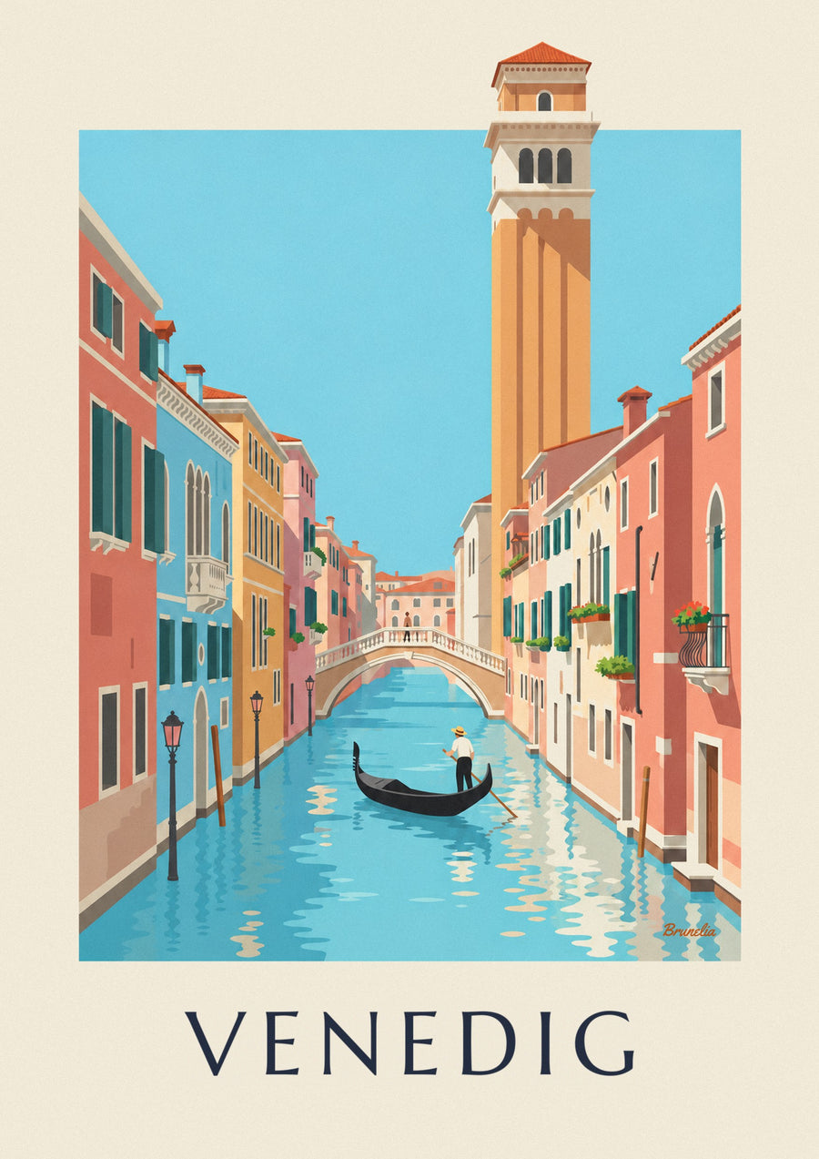 Plakat med gondolier på en kanal i Venedig