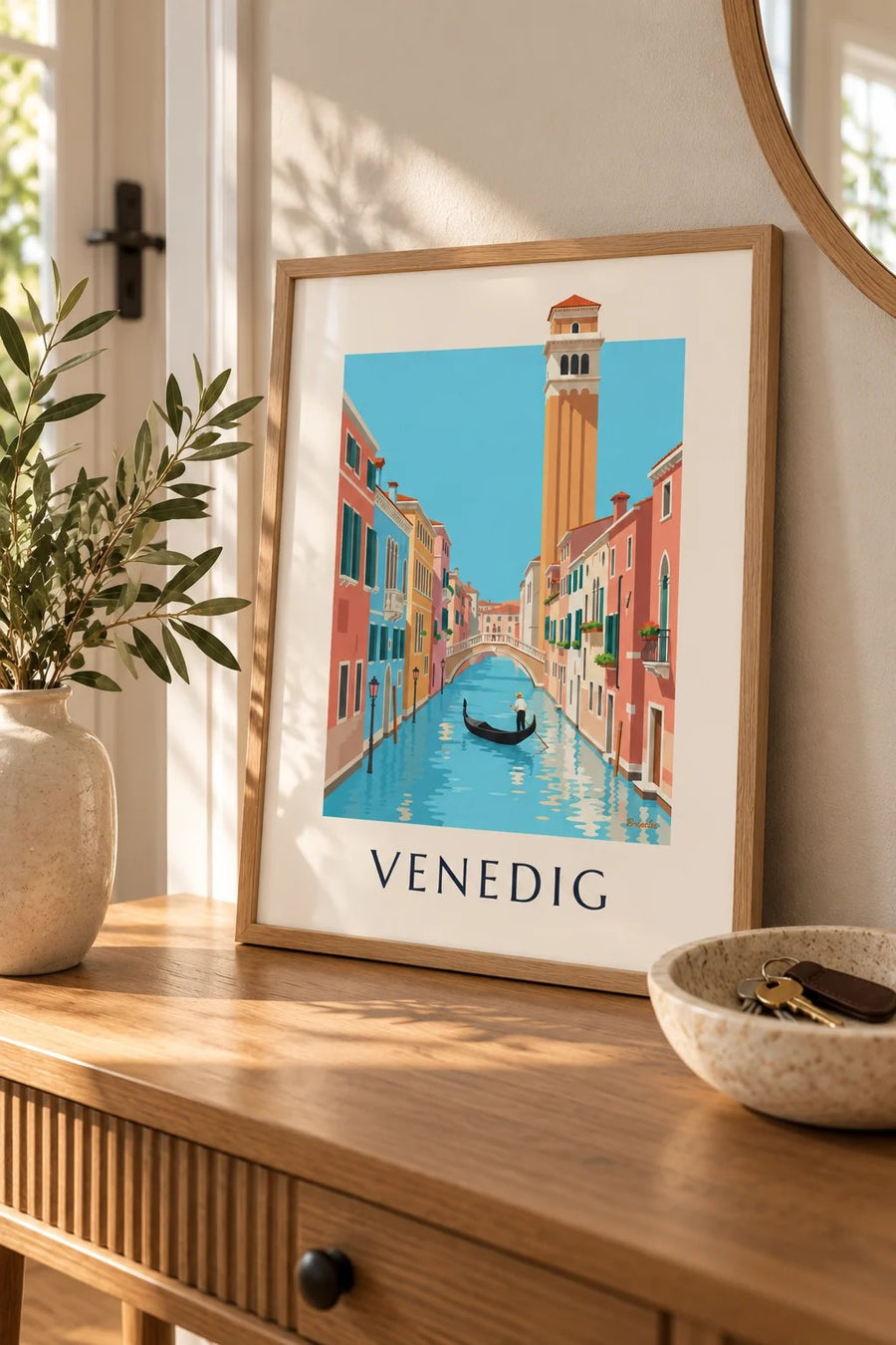 Plakat med gondolier på en kanal i Venedig: lille A4-format i ramme