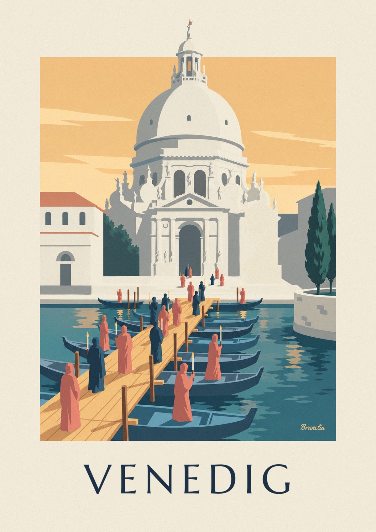 Plakat med pilgrimme på bådbroen mod Salute i Venedig