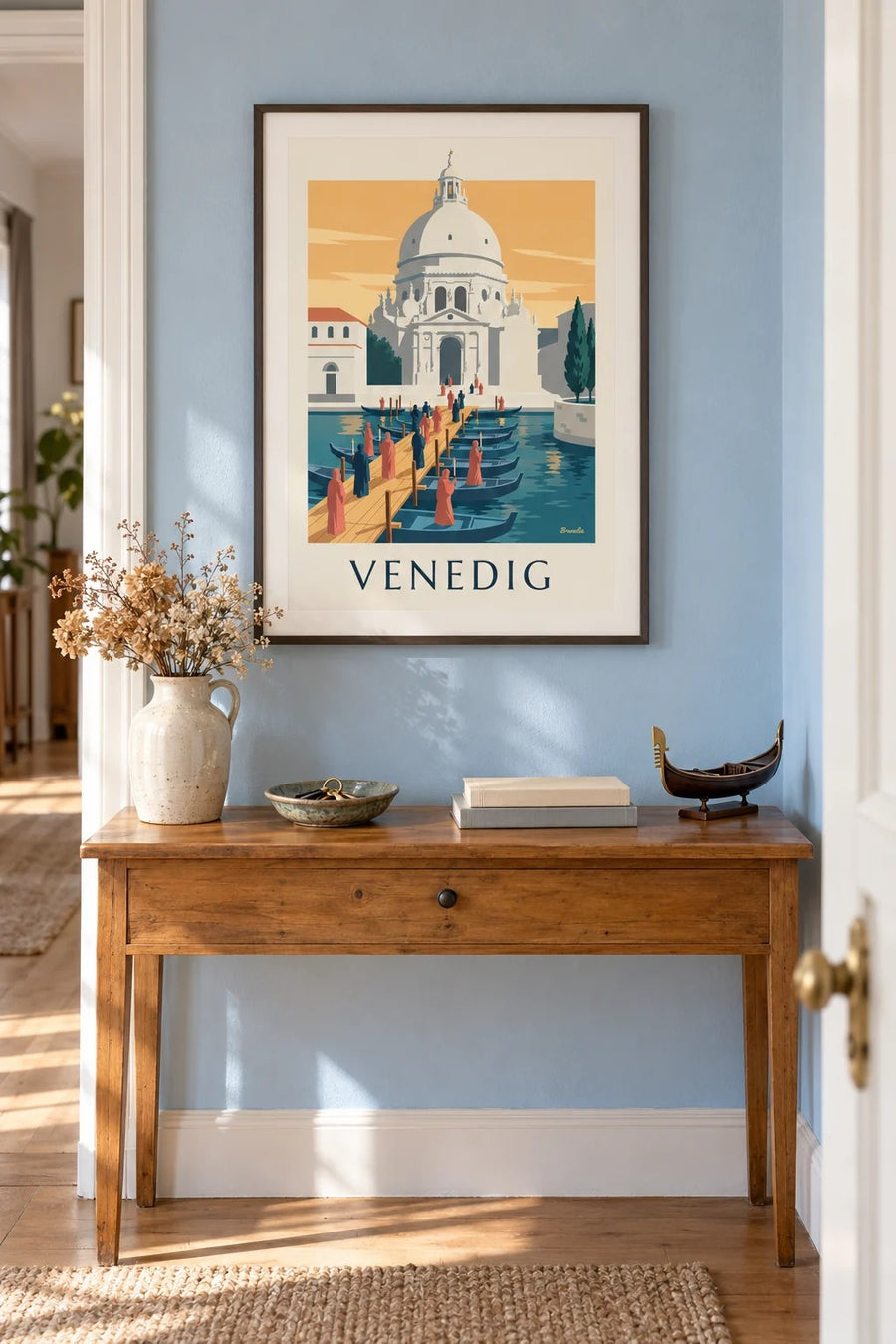Plakat med pilgrimme på bådbroen mod Salute i Venedig: indrammet på væggen