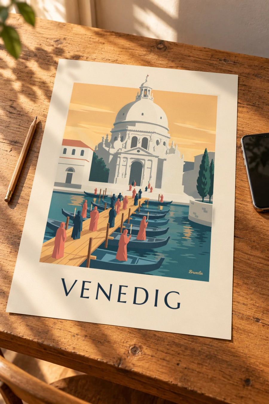 Plakat med pilgrimme på bådbroen mod Salute i Venedig: på et bord