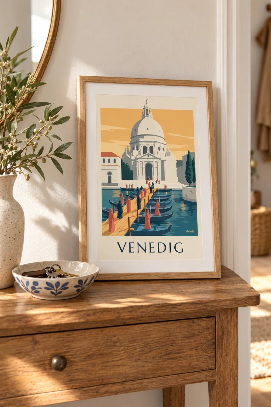 Plakat med pilgrimme på bådbroen mod Salute i Venedig: lille A4-format i ramme