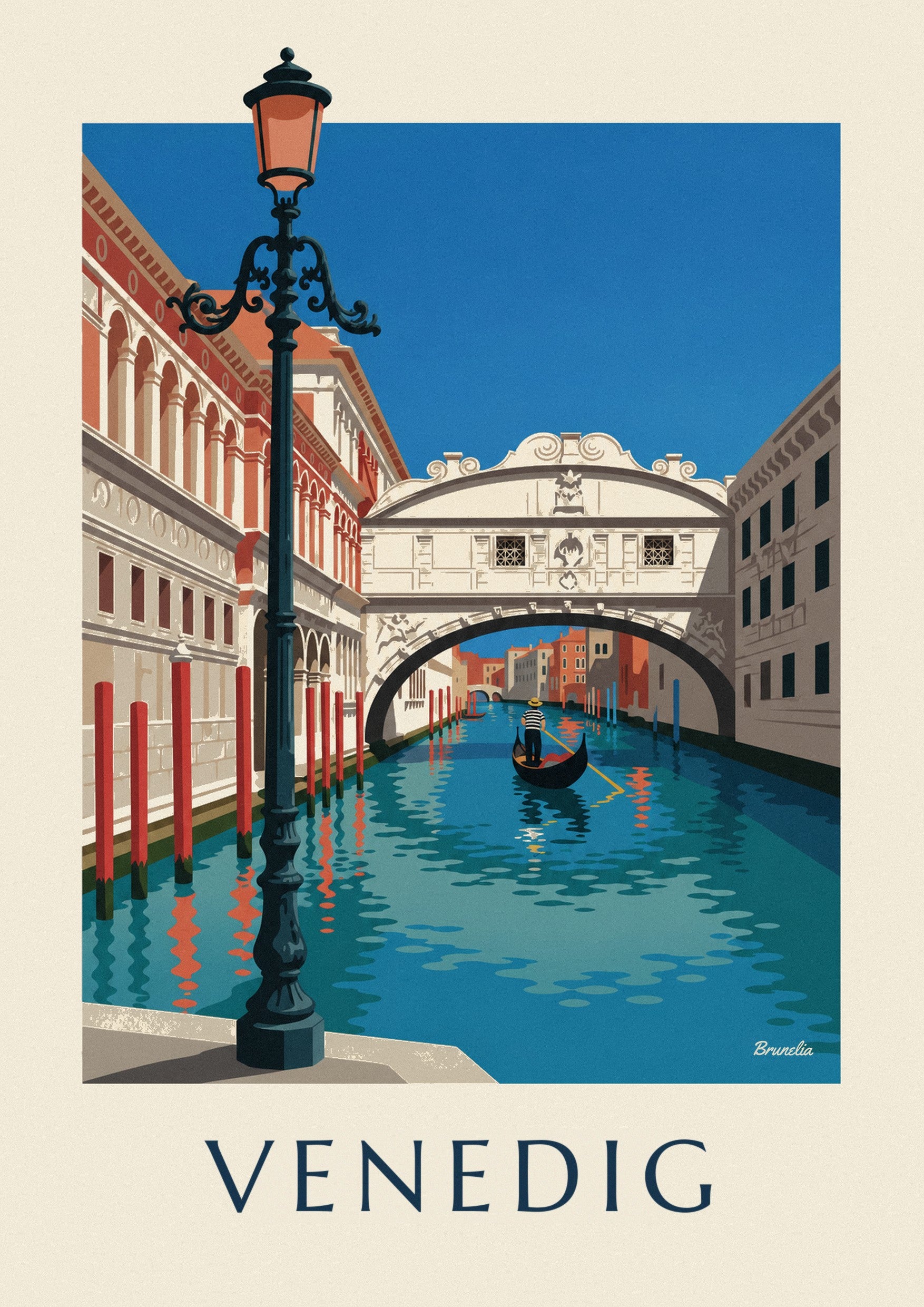 Plakat med gondol under Sukkenes Bro i Venedig: nærbillede af detalje