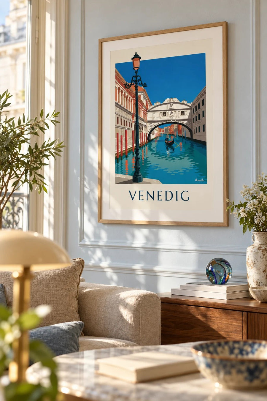 Plakat med gondol under Sukkenes Bro i Venedig: indrammet på væggen