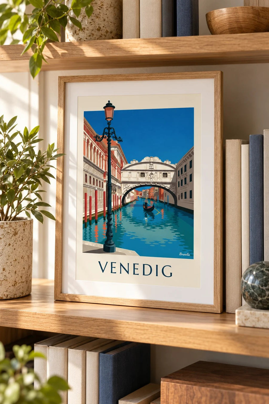 Plakat med gondol under Sukkenes Bro i Venedig: lille A4-format i ramme