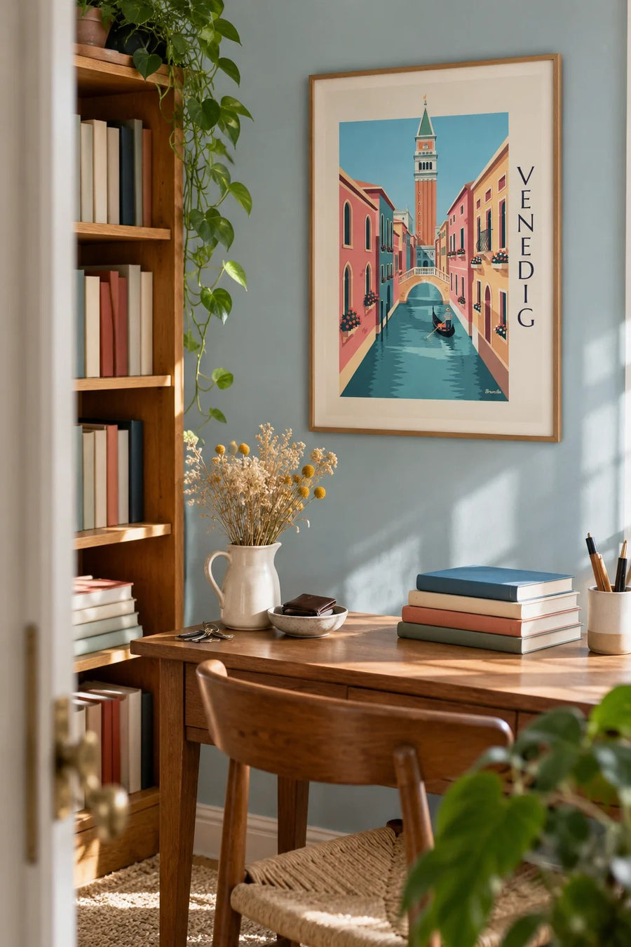 Plakat med gondolier på en lille kanal under Campanilen i Venedig: indrammet på væggen
