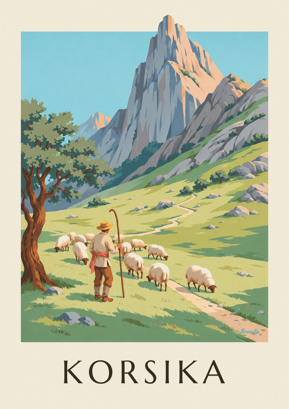 Plakat med hyrde og får i de korsikanske bjerge