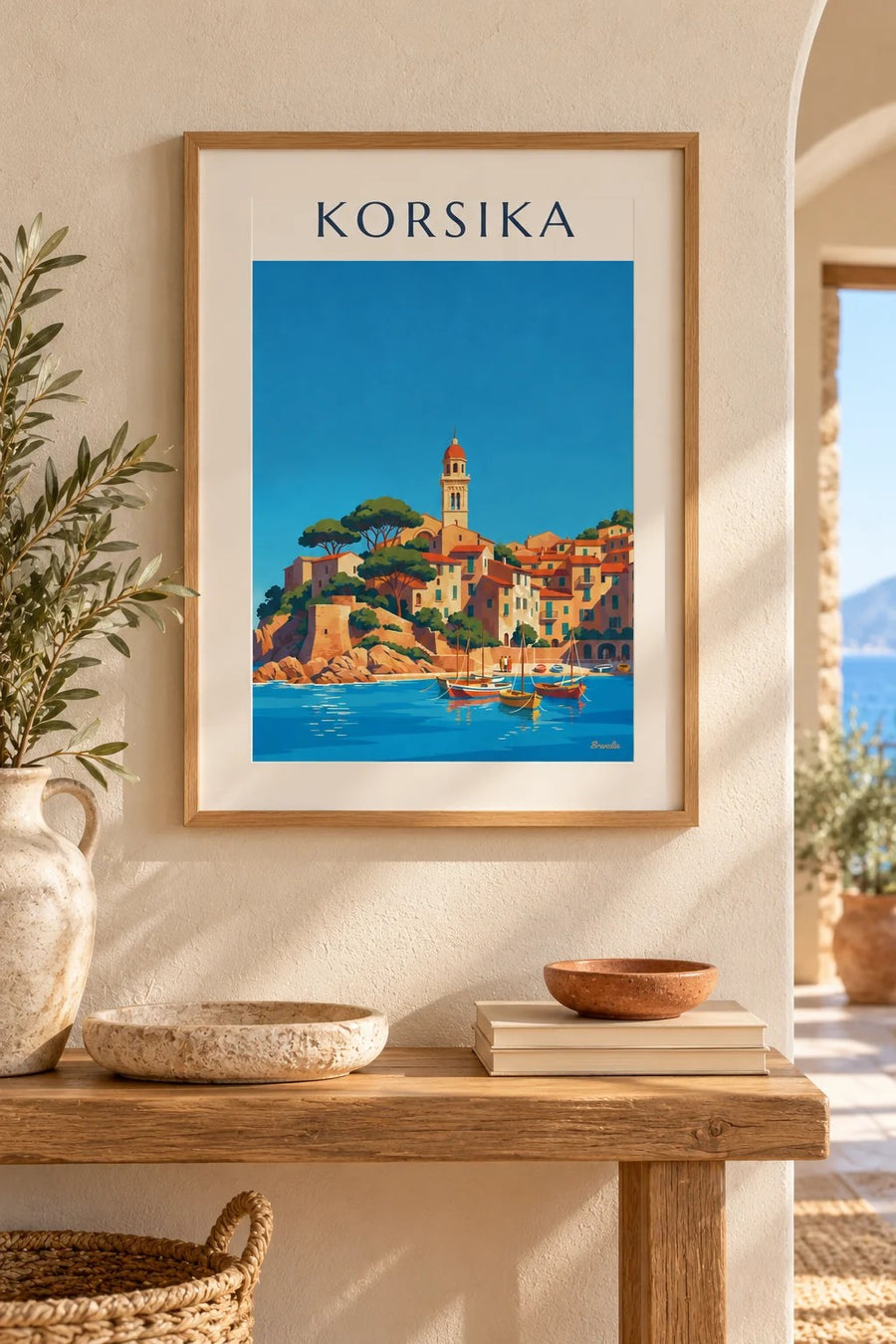 Plakat med korsikansk kystlandsby og lille havn ved Middelhavet: lille A4-format i ramme
