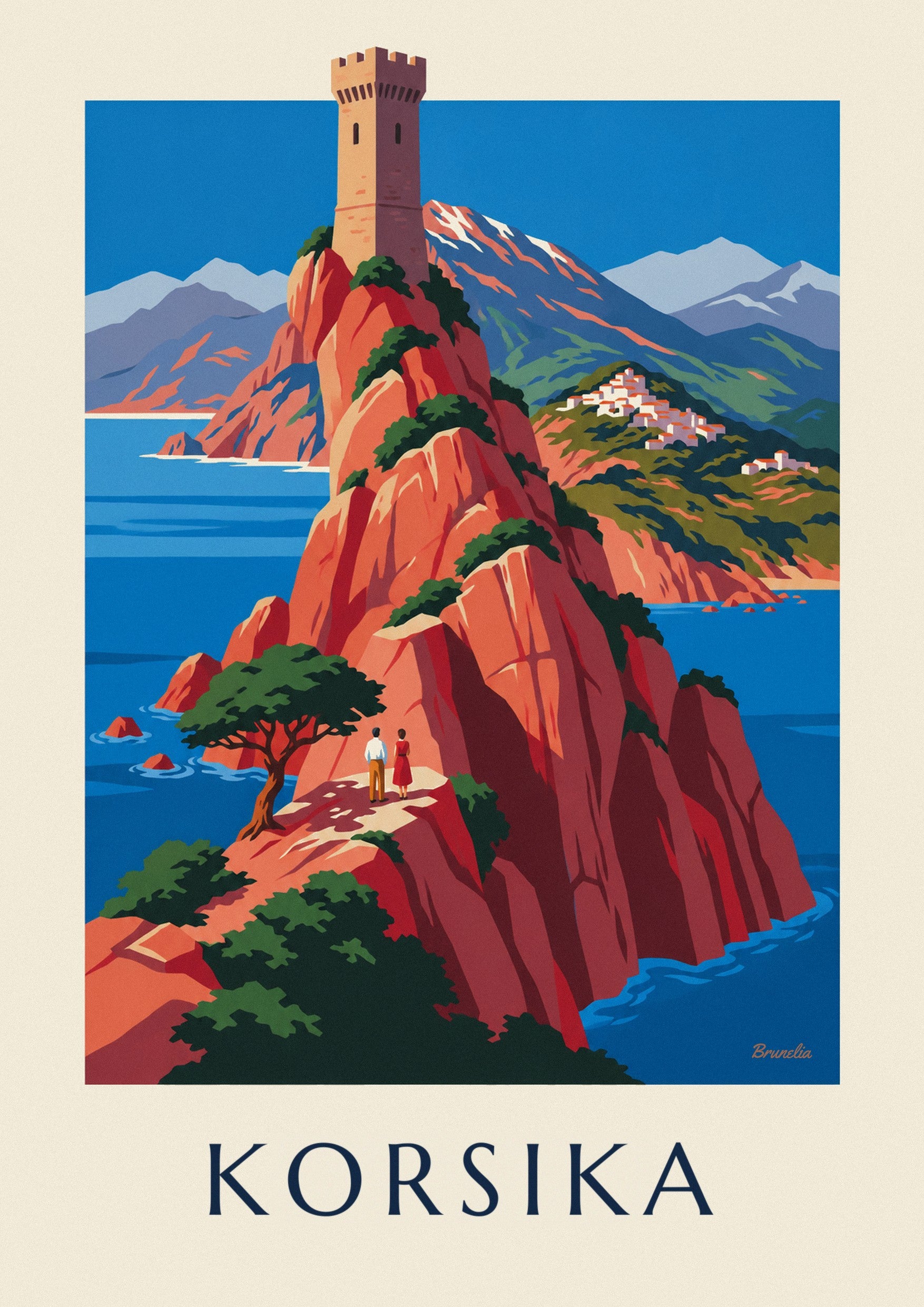 Plakat med Korsikas vilde kyst, røde klipper og Monte Cinto: nærbillede af detalje